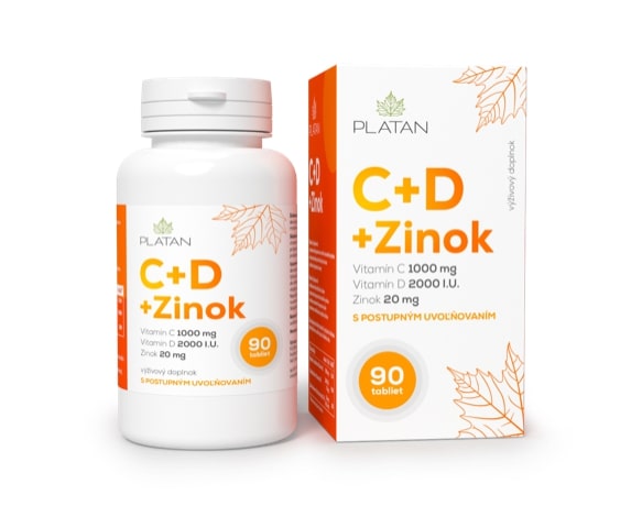 PLATAN C+D+Zinok, 1000mg vitamín-C + 2000 IU vitamín D + 20mg Zinok (90x)